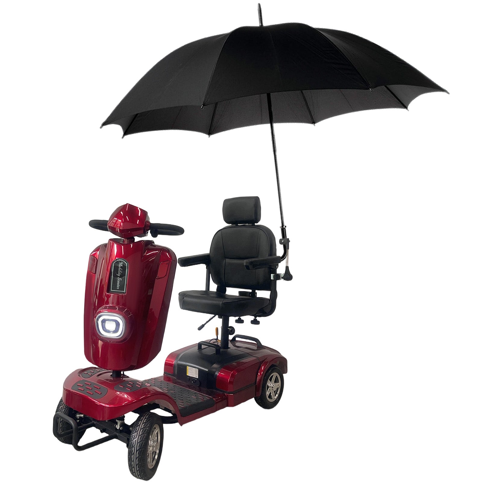 Red mobility scooter with a black umbrella attached by a fixing clip.