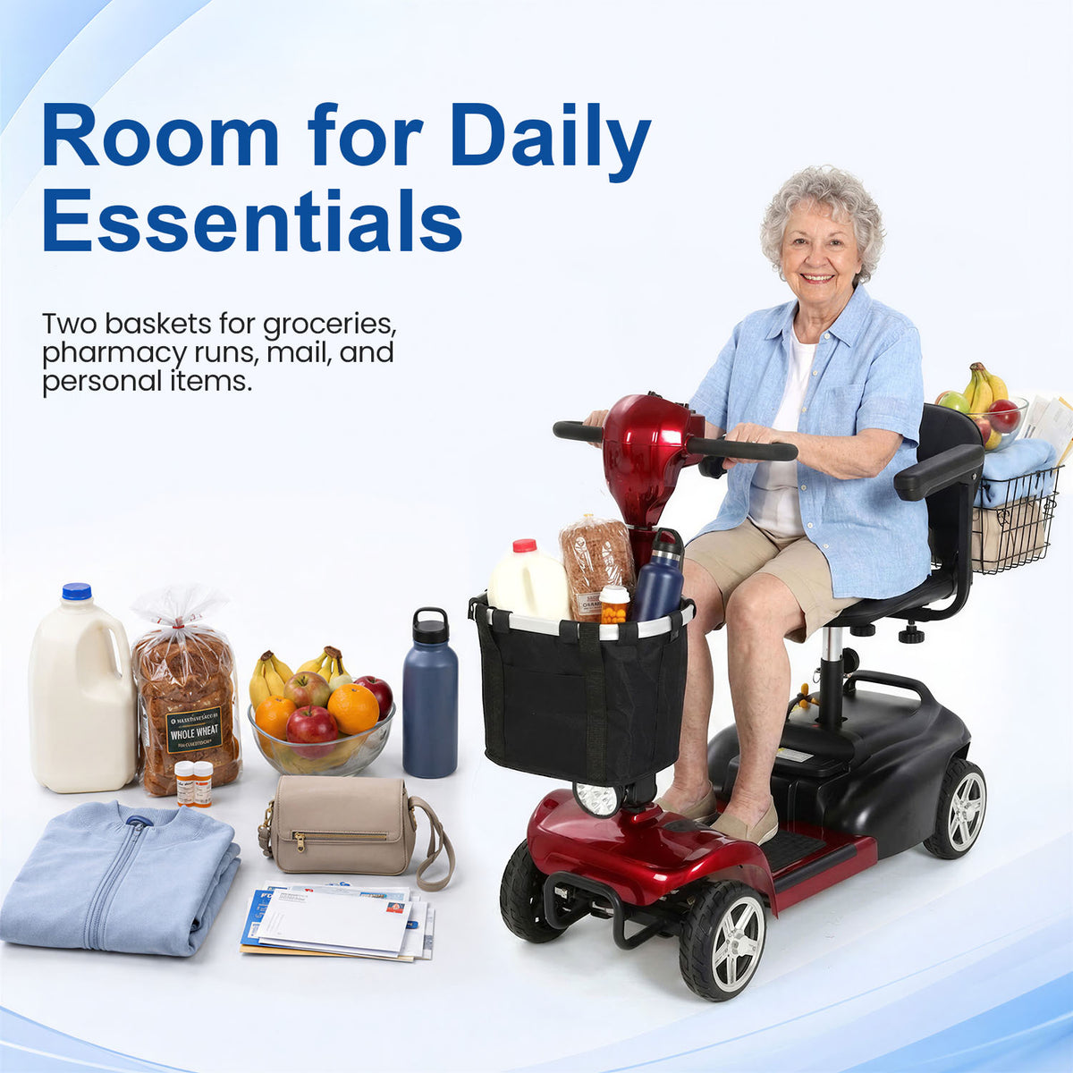 Advertisement for daily essentials shows a smiling older woman on a red mobility scooter carrying groceries, pharmacy items, mail, and personal goods.