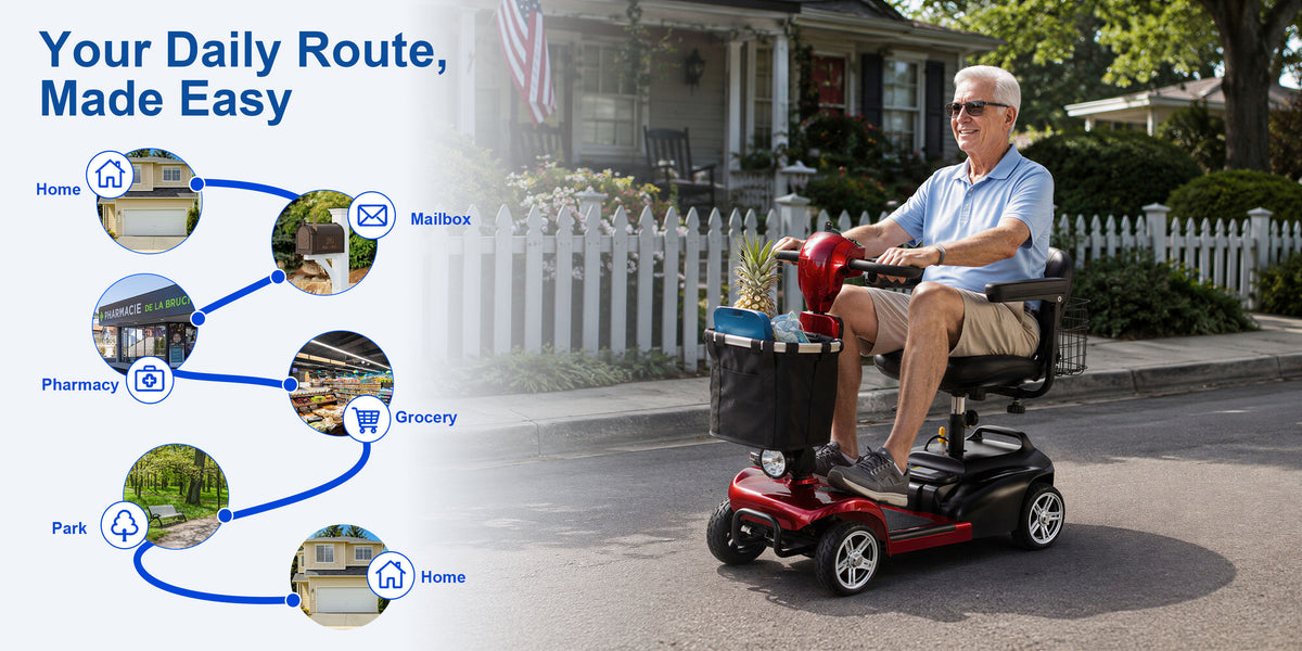 Senior man rides a red mobility scooter along a sunny neighborhood route, with icons for home, mailbox, pharmacy, grocery, and park.